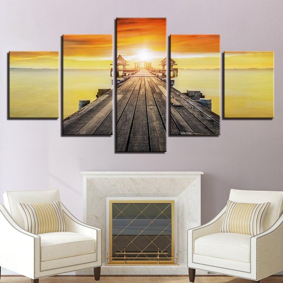 Sunset Lake Landscape 5 Piece HD Multi Panel Canvas Wall Art Frame-Original Frame