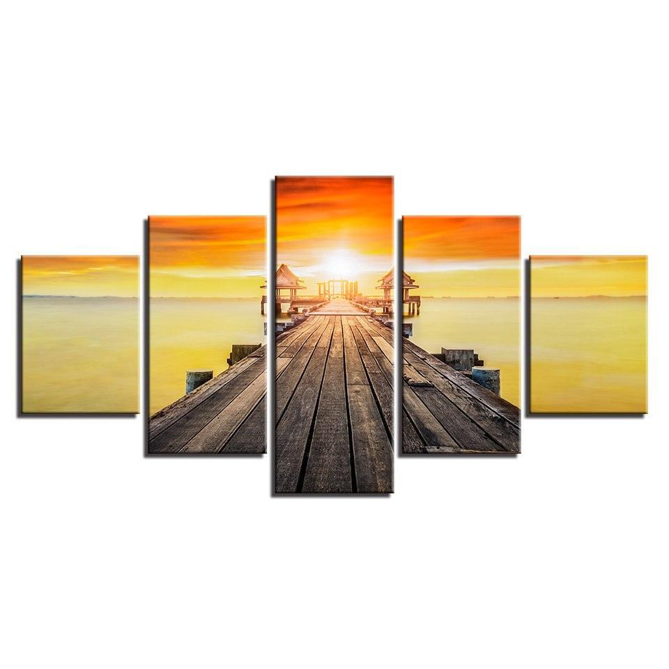 Sunset Lake Landscape 5 Piece HD Multi Panel Canvas Wall Art Frame-Original Frame