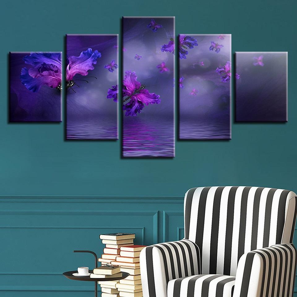 Purple Flowers Butterflies 5 Piece HD Multi Panel Canvas Wall Art-Original Frame