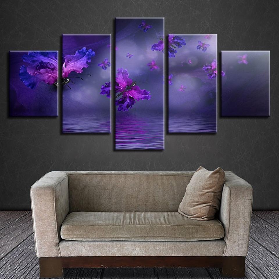 Purple Flowers Butterflies 5 Piece HD Multi Panel Canvas Wall Art-Original Frame