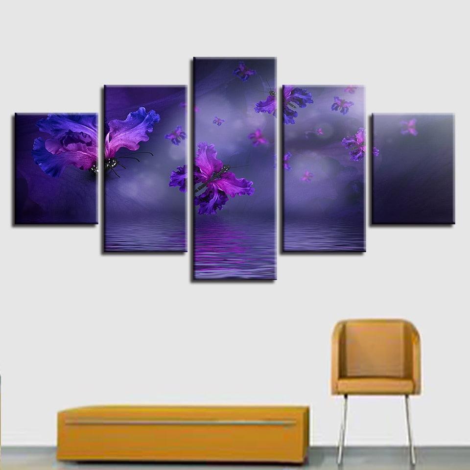 Purple Flowers Butterflies 5 Piece HD Multi Panel Canvas Wall Art-Original Frame