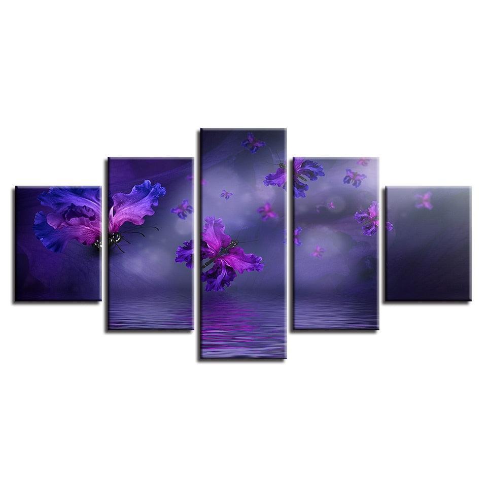 Purple Flowers Butterflies 5 Piece HD Multi Panel Canvas Wall Art-Original Frame