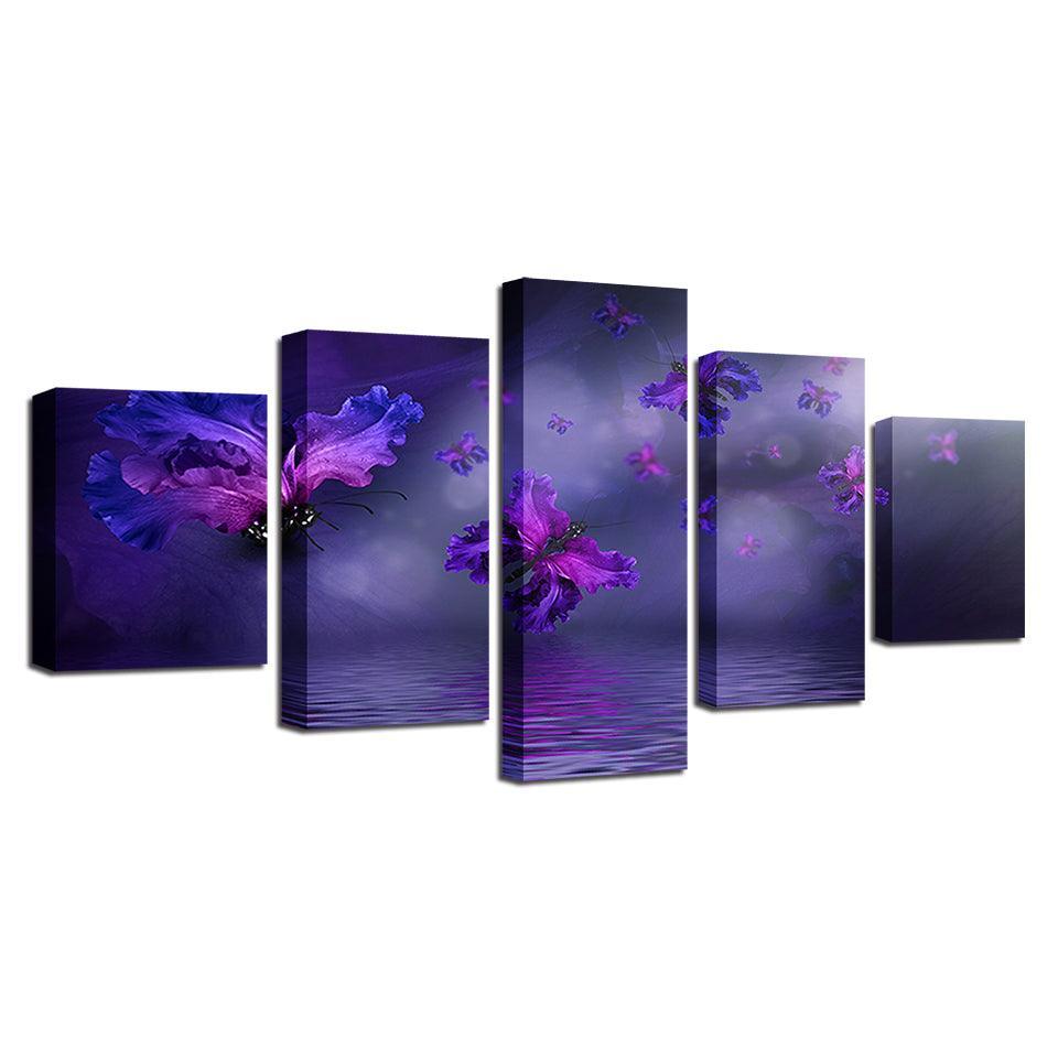 Purple Flowers Butterflies 5 Piece HD Multi Panel Canvas Wall Art-Original Frame