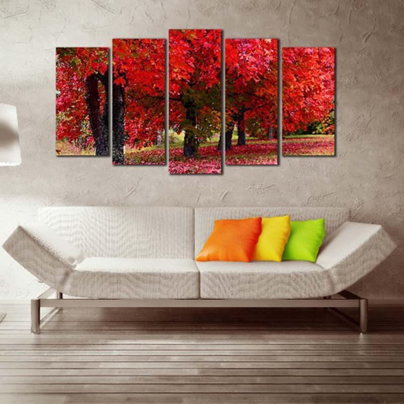 Red Forest Scenery 5 Piece HD Multi Panel Canvas Wall Art Frame-Original Frame