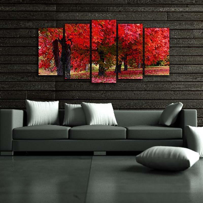 Red Forest Scenery 5 Piece HD Multi Panel Canvas Wall Art Frame-Original Frame
