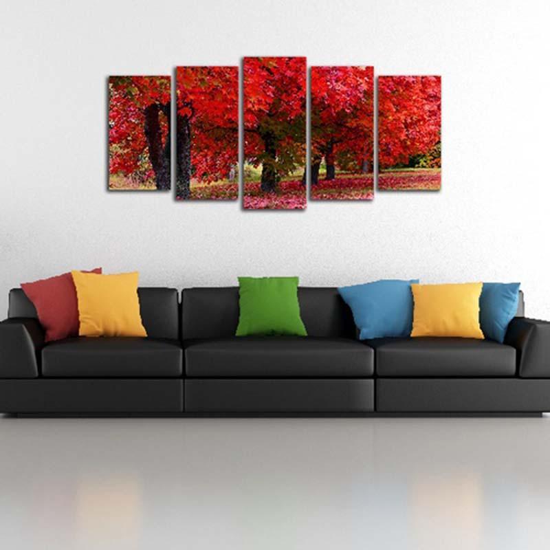 Red Forest Scenery 5 Piece HD Multi Panel Canvas Wall Art Frame-Original Frame