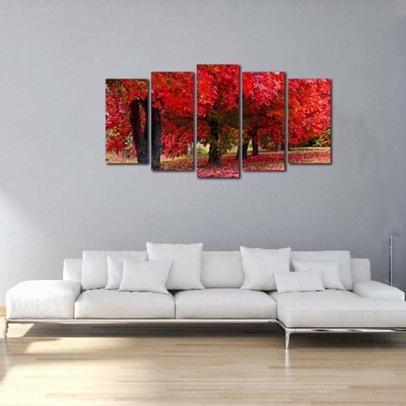 Red Forest Scenery 5 Piece HD Multi Panel Canvas Wall Art Frame-Original Frame