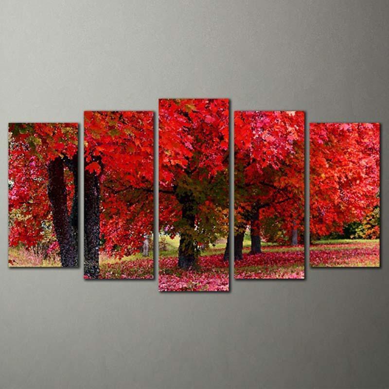 Red Forest Scenery 5 Piece HD Multi Panel Canvas Wall Art Frame-Original Frame