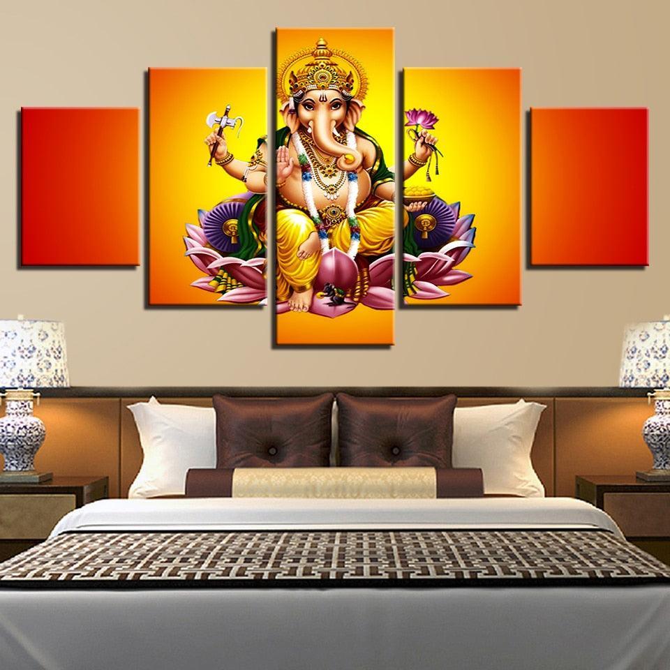 India God Ganesha 5 Piece HD Multi Panel Canvas Wall Art Frame-Original Frame