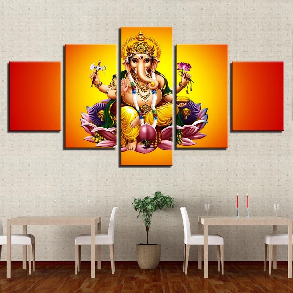 India God Ganesha 5 Piece HD Multi Panel Canvas Wall Art Frame-Original Frame