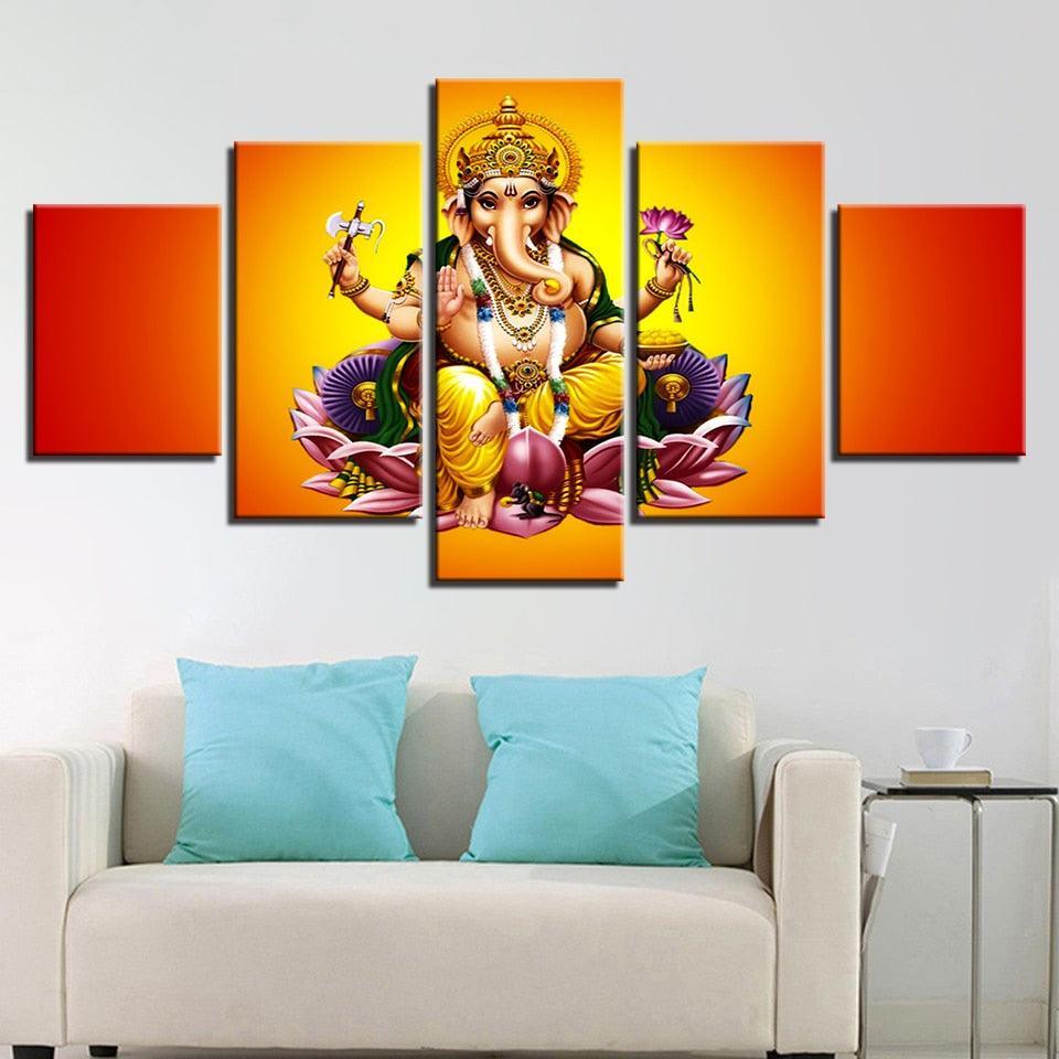 India God Ganesha 5 Piece HD Multi Panel Canvas Wall Art Frame-Original Frame