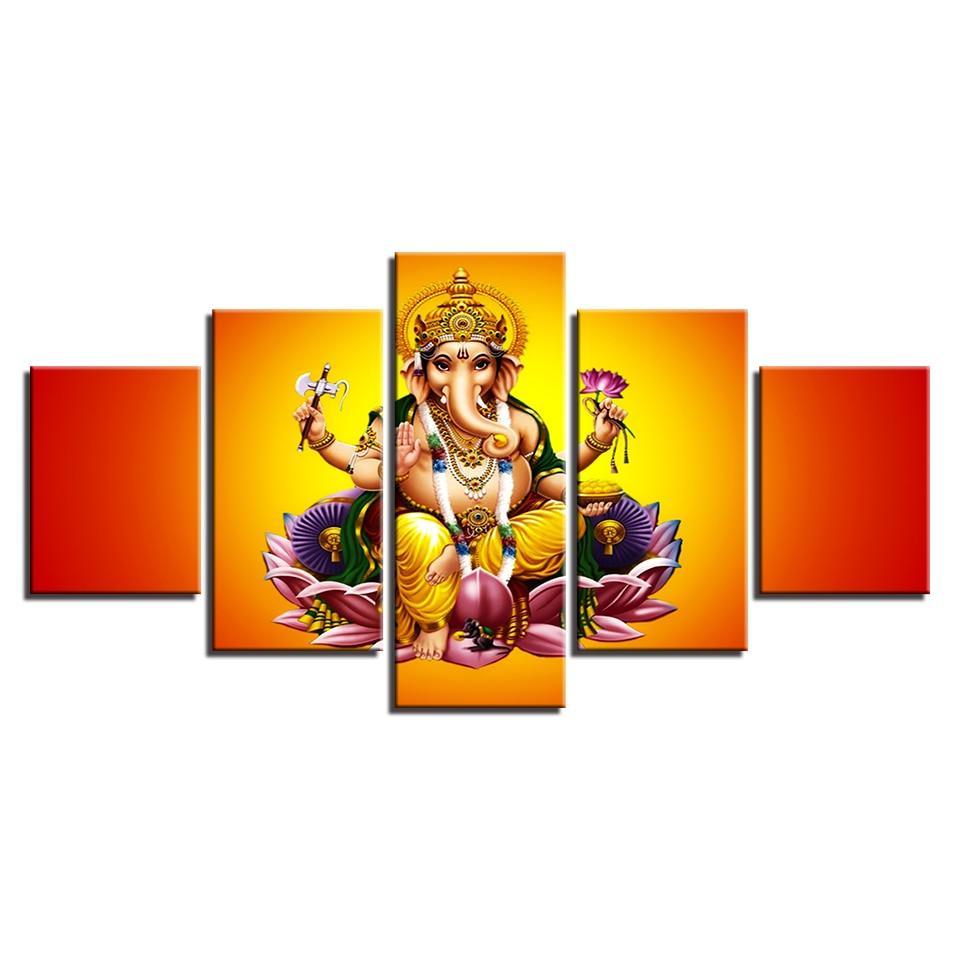 India God Ganesha 5 Piece HD Multi Panel Canvas Wall Art Frame-Original Frame