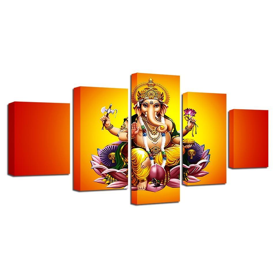India God Ganesha 5 Piece HD Multi Panel Canvas Wall Art Frame-Original Frame