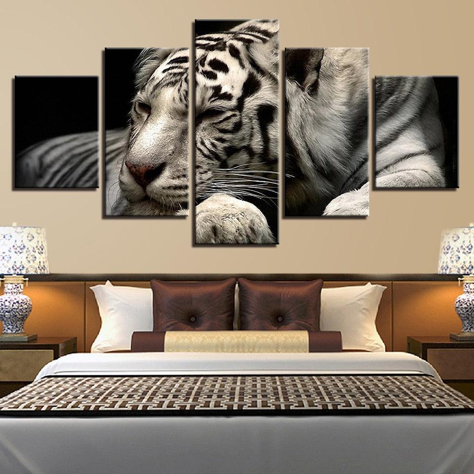 White Tiger 5 Piece HD Multi Panel Canvas Wall Art Frame-Original Frame