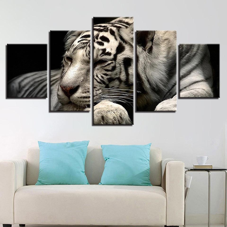 White Tiger 5 Piece HD Multi Panel Canvas Wall Art Frame-Original Frame