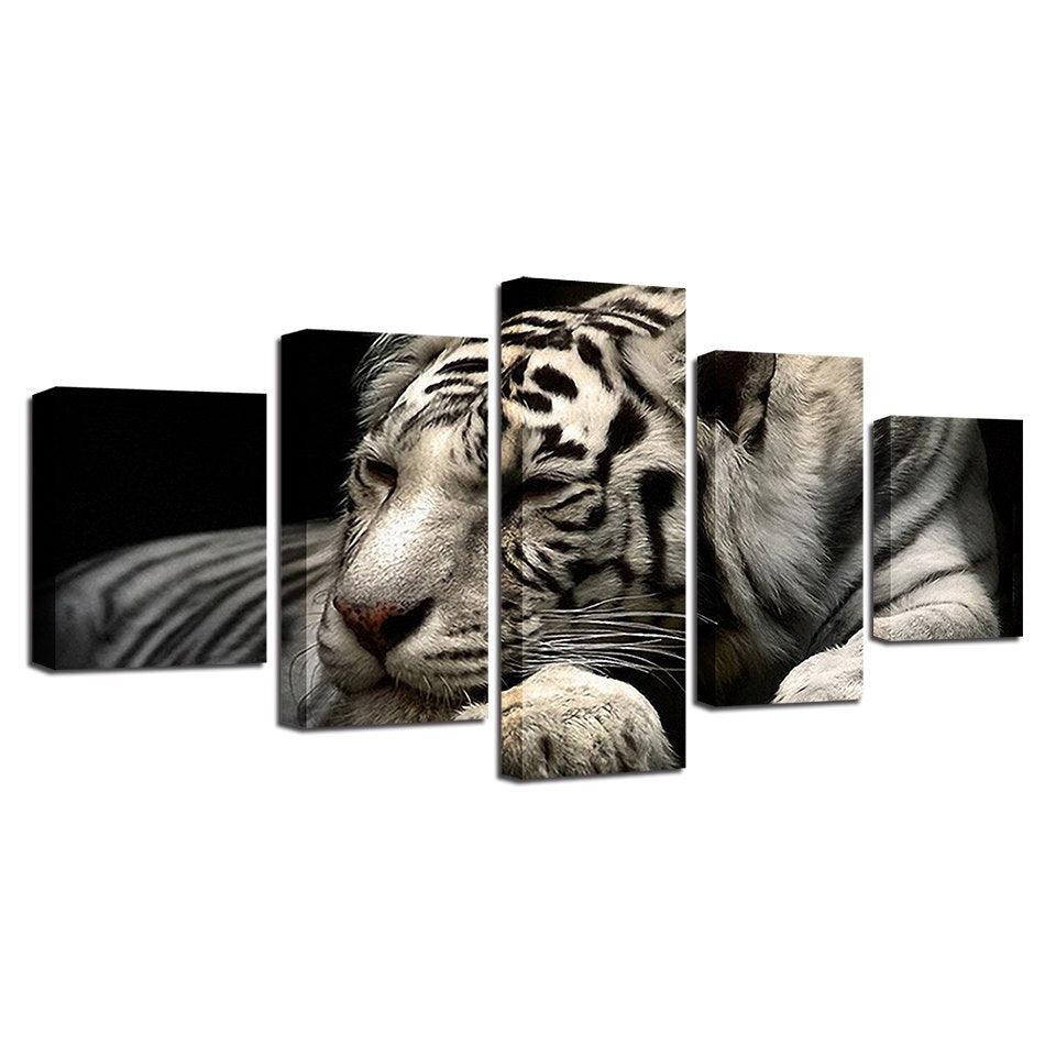 White Tiger 5 Piece HD Multi Panel Canvas Wall Art Frame-Original Frame