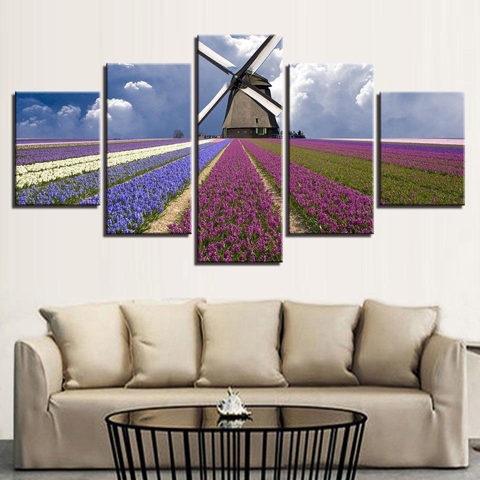 Lavender Flower Field 5 Piece Multi Panel Canvas Wall Art Frame-Original Frame