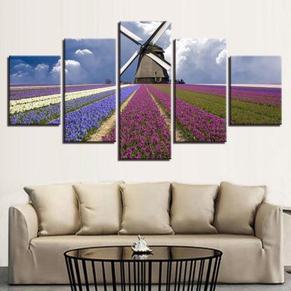 Lavender Flower Field 5 Piece Multi Panel Canvas Wall Art Frame-Original Frame