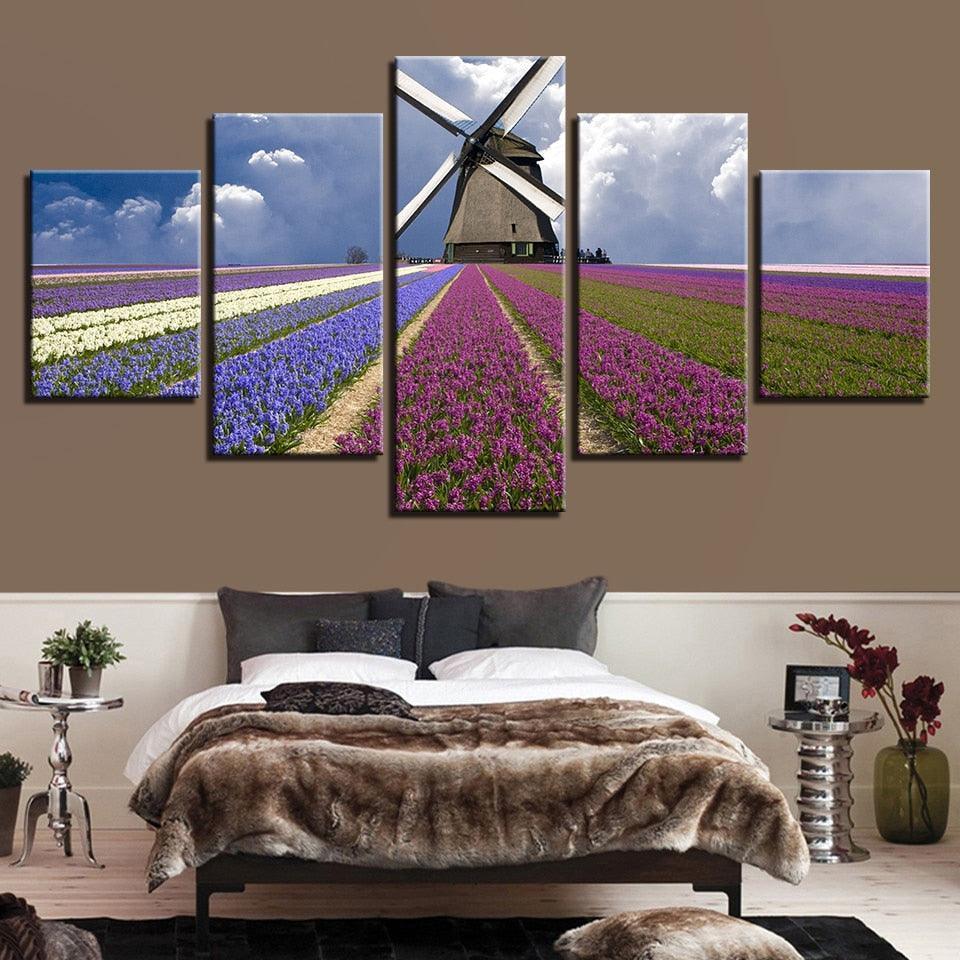 Lavender Flower Field 5 Piece Multi Panel Canvas Wall Art Frame-Original Frame