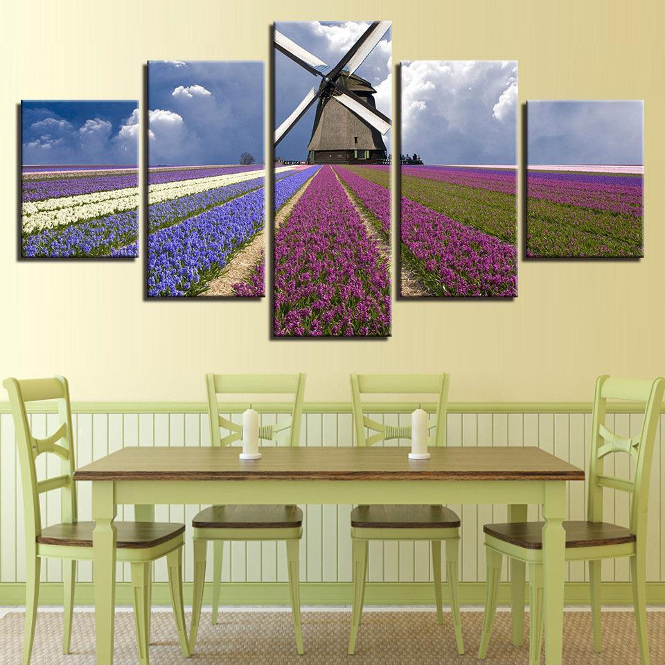 Lavender Flower Field 5 Piece Multi Panel Canvas Wall Art Frame-Original Frame