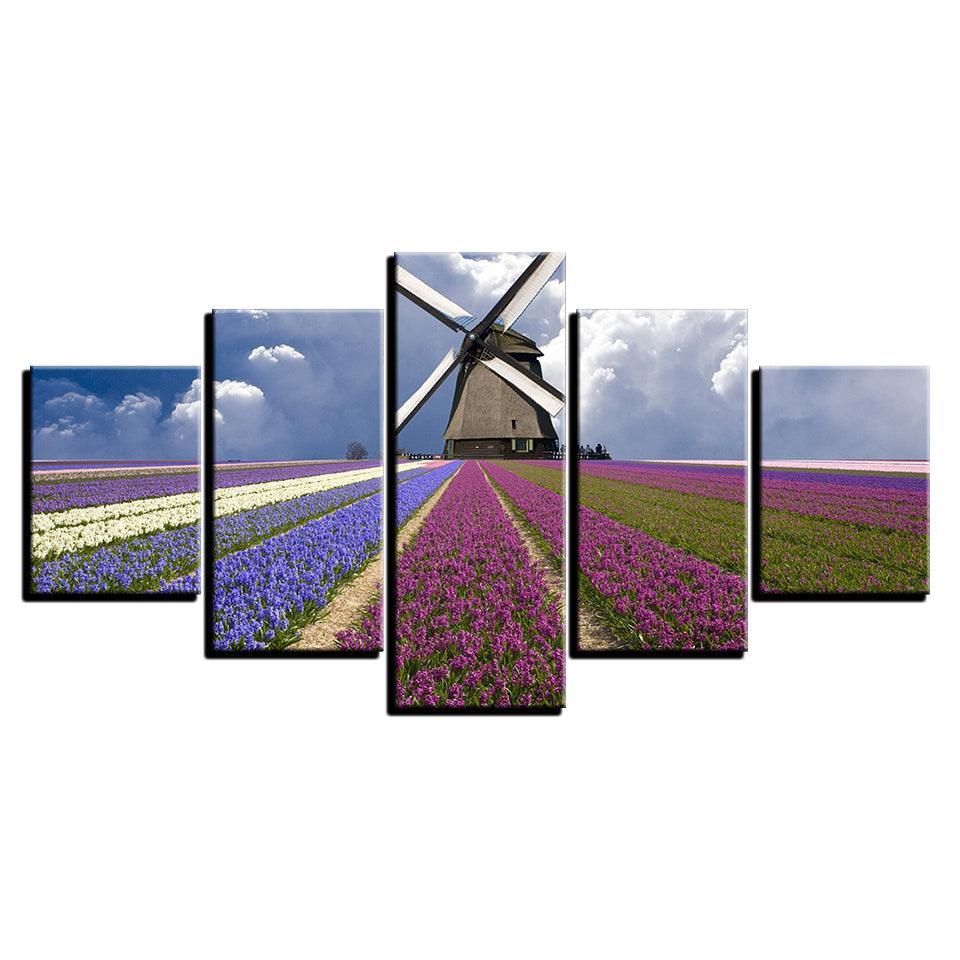 Lavender Flower Field 5 Piece Multi Panel Canvas Wall Art Frame-Original Frame