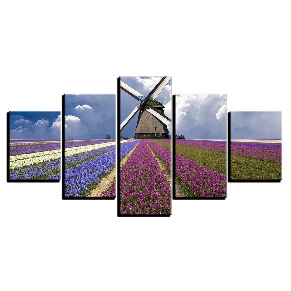 Lavender Flower Field 5 Piece Multi Panel Canvas Wall Art Frame-Original Frame