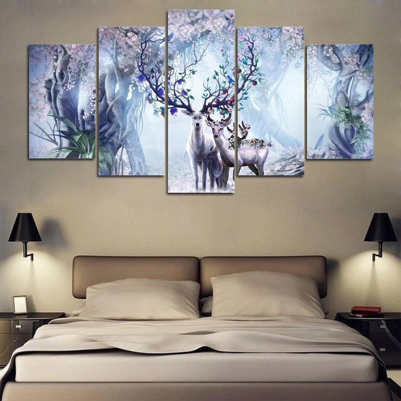 Beautiful Flower Deer 5 Piece HD Multi Panel Canvas Wall Art Frame-Original Frame