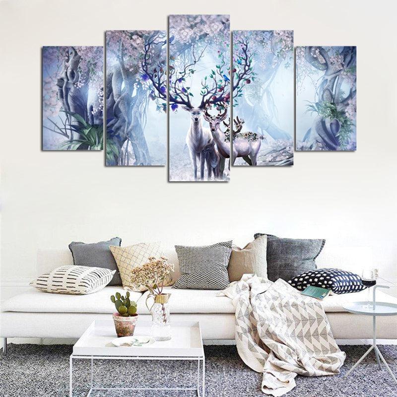 Beautiful Flower Deer 5 Piece HD Multi Panel Canvas Wall Art Frame-Original Frame