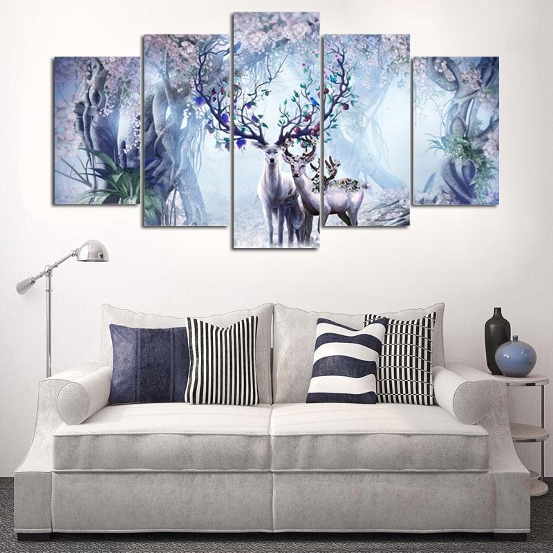 Beautiful Flower Deer 5 Piece HD Multi Panel Canvas Wall Art Frame-Original Frame