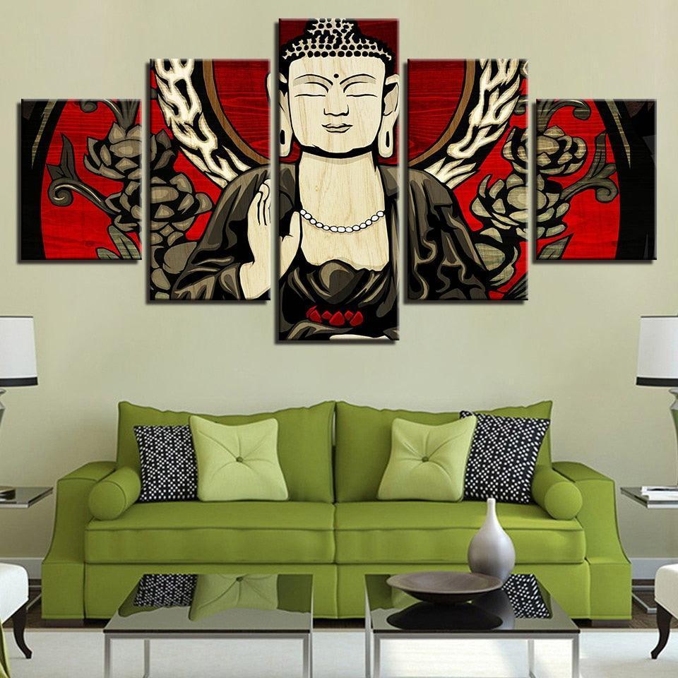 Lord Buddha 5 Piece HD Multi Panel Canvas Wall Art Frame-Original Frame