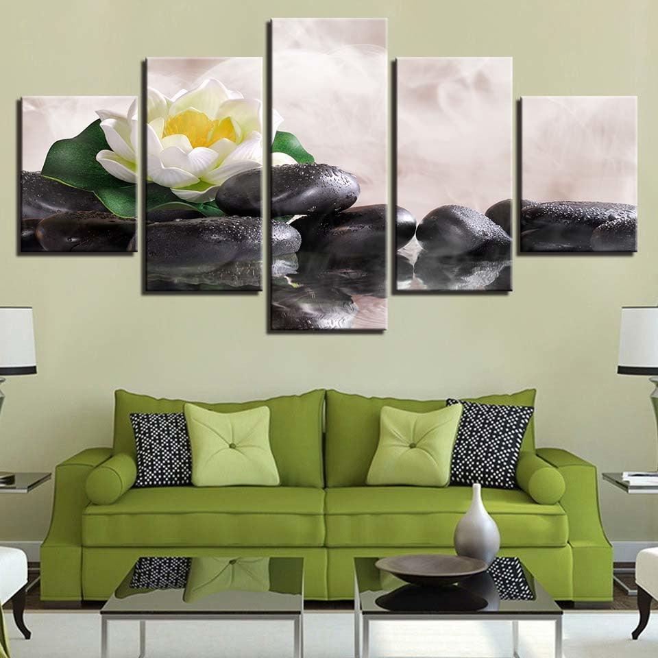 White Lily Flower Lotus 5 Piece HD Multi Panel Canvas Wall Art Frame-Original Frame