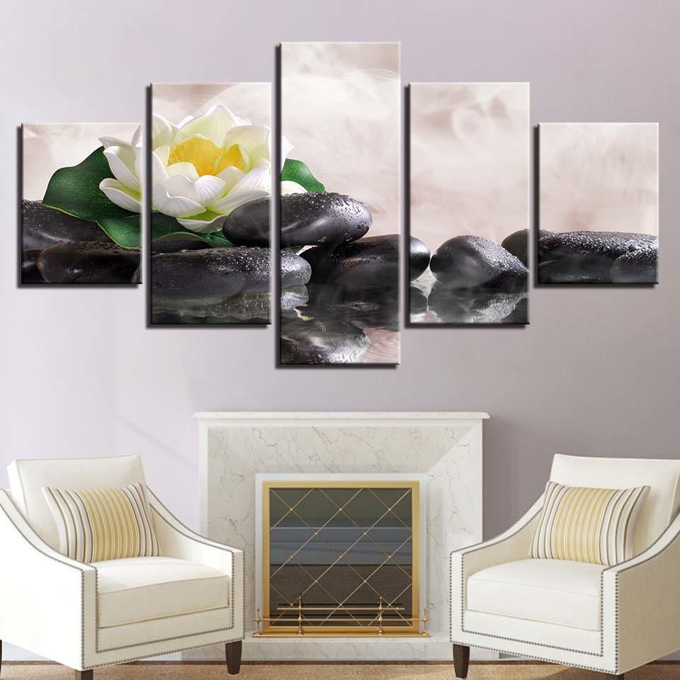 White Lily Flower Lotus 5 Piece HD Multi Panel Canvas Wall Art Frame-Original Frame