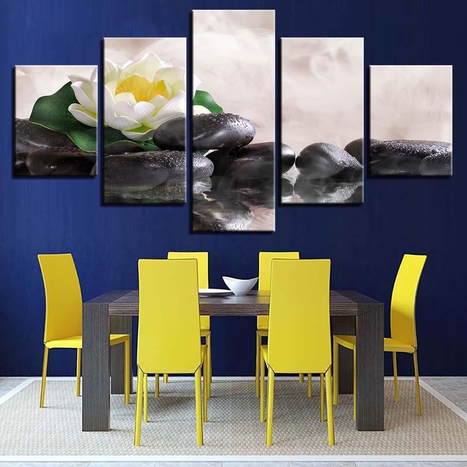 White Lily Flower Lotus 5 Piece HD Multi Panel Canvas Wall Art Frame-Original Frame
