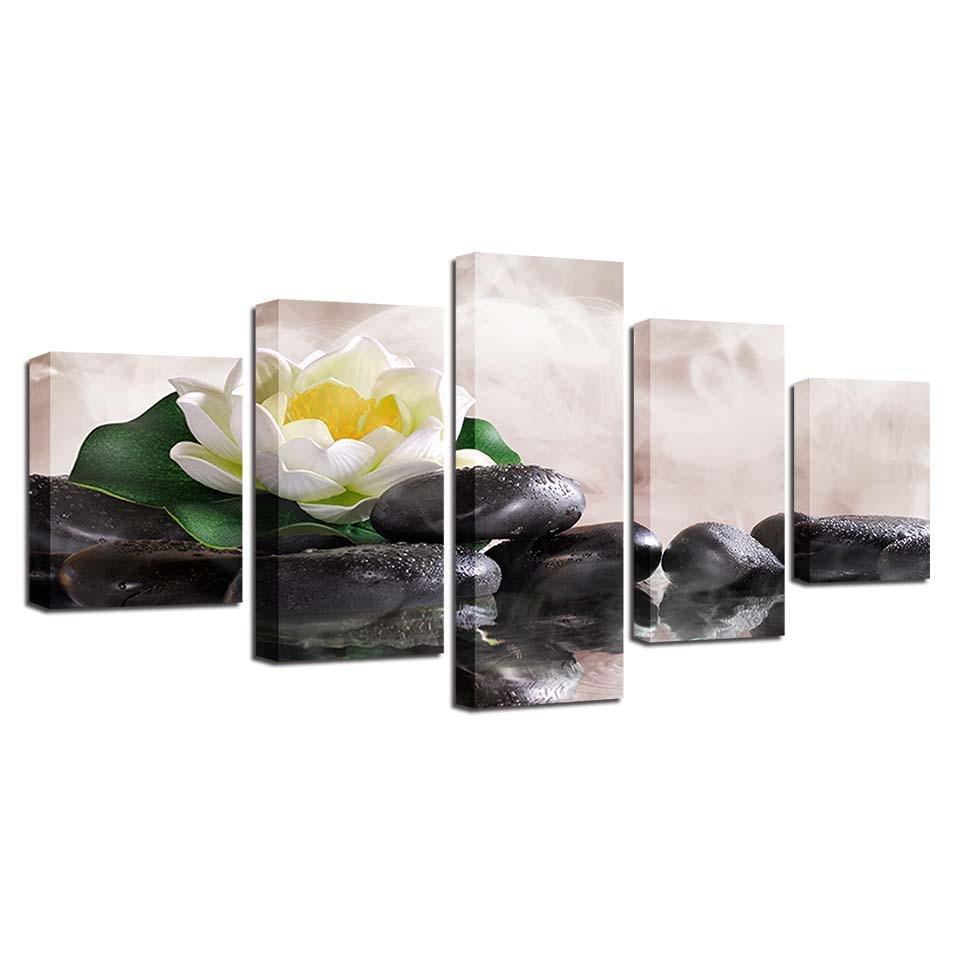 White Lily Flower Lotus 5 Piece HD Multi Panel Canvas Wall Art Frame-Original Frame