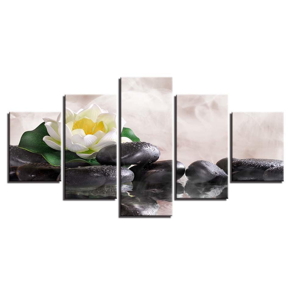 White Lily Flower Lotus 5 Piece HD Multi Panel Canvas Wall Art Frame-Original Frame