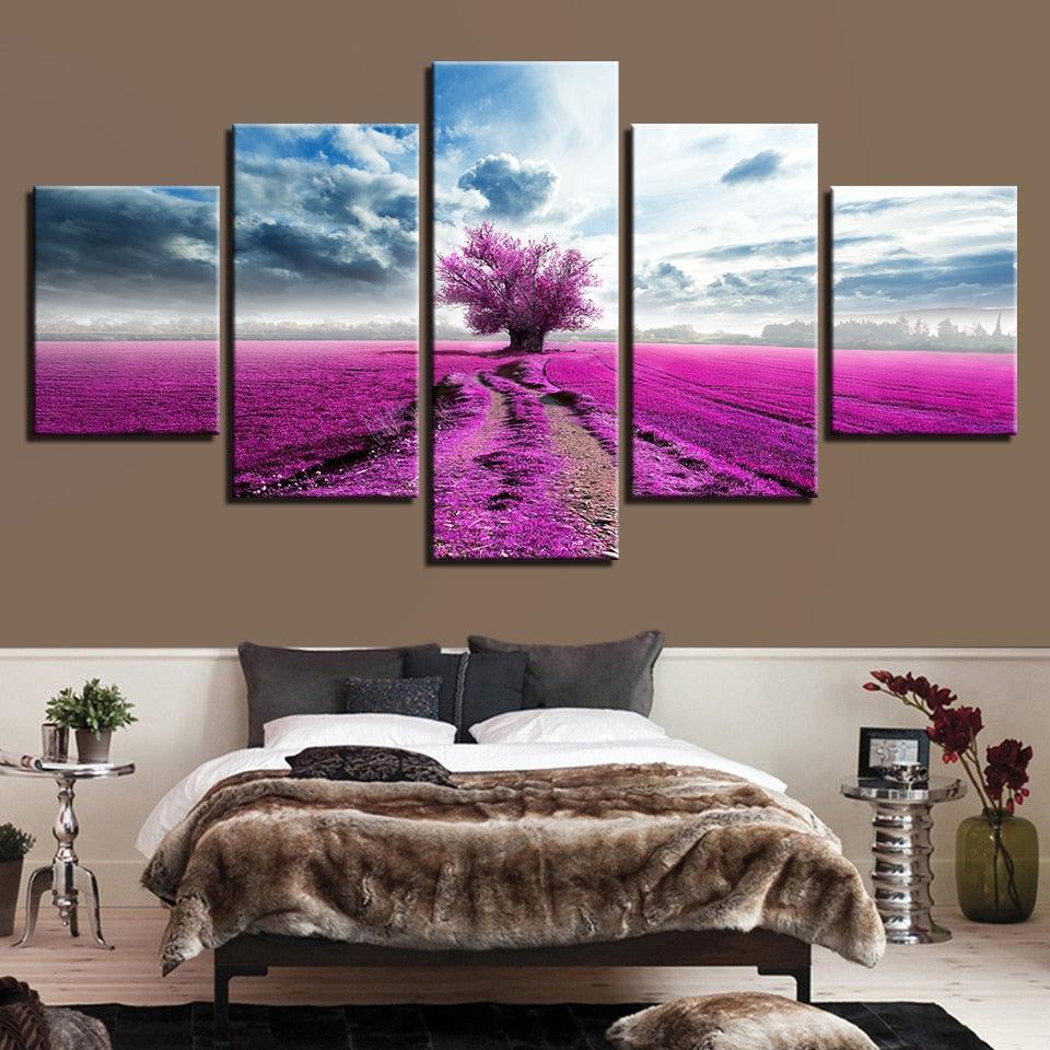 Purple Lavender Tree 5 Piece HD Multi Panel Canvas Wall Art-Original Frame