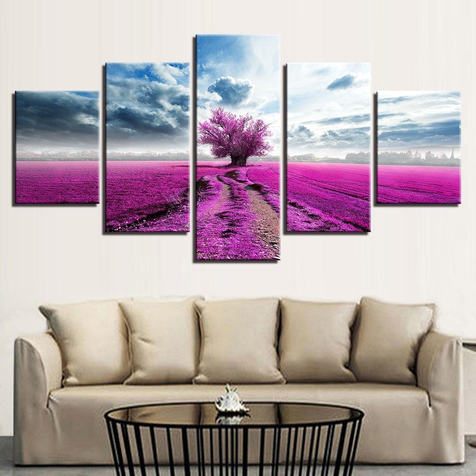 Purple Lavender Tree 5 Piece HD Multi Panel Canvas Wall Art-Original Frame