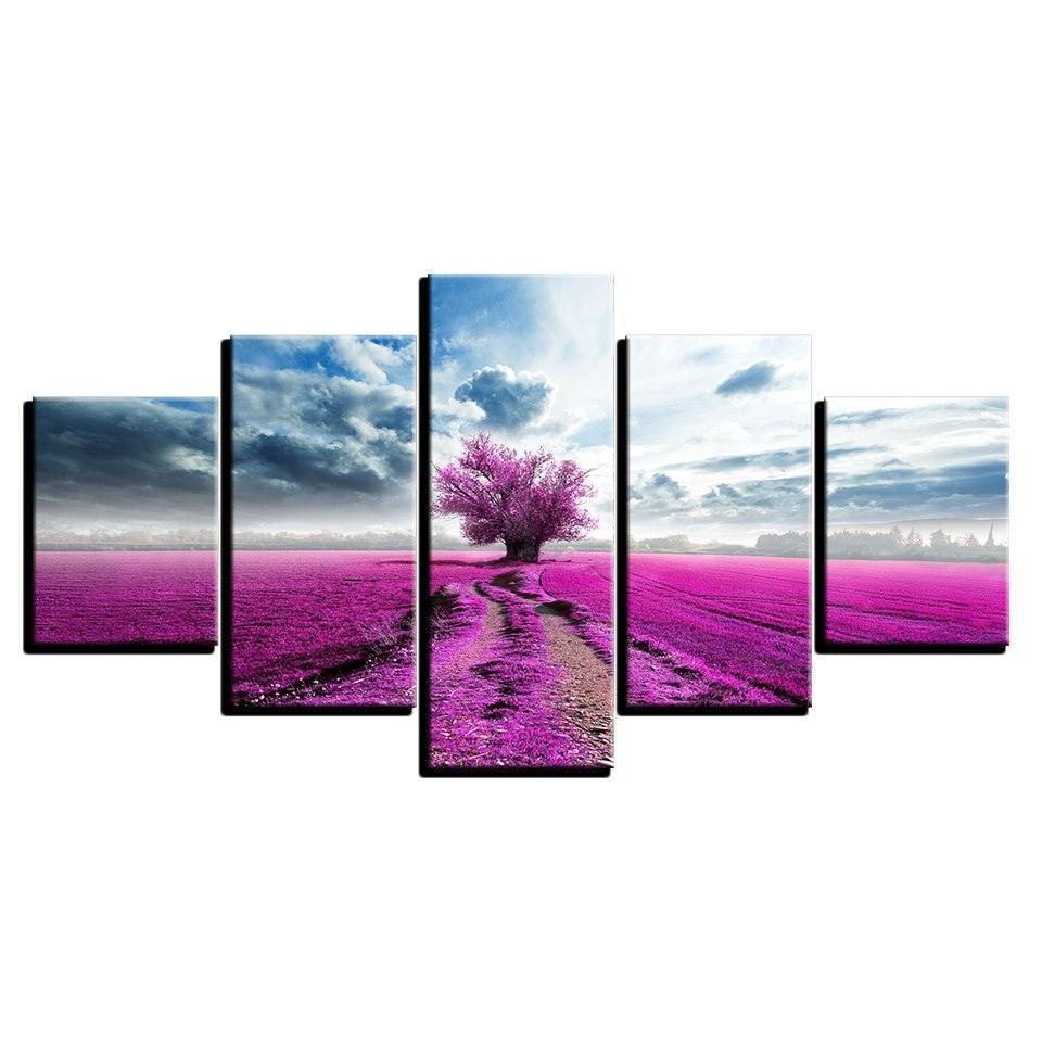 Purple Lavender Tree 5 Piece HD Multi Panel Canvas Wall Art-Original Frame