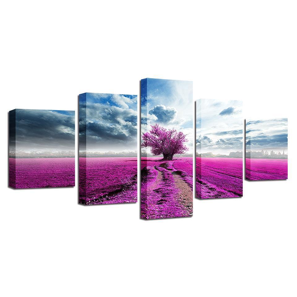 Purple Lavender Tree 5 Piece HD Multi Panel Canvas Wall Art-Original Frame