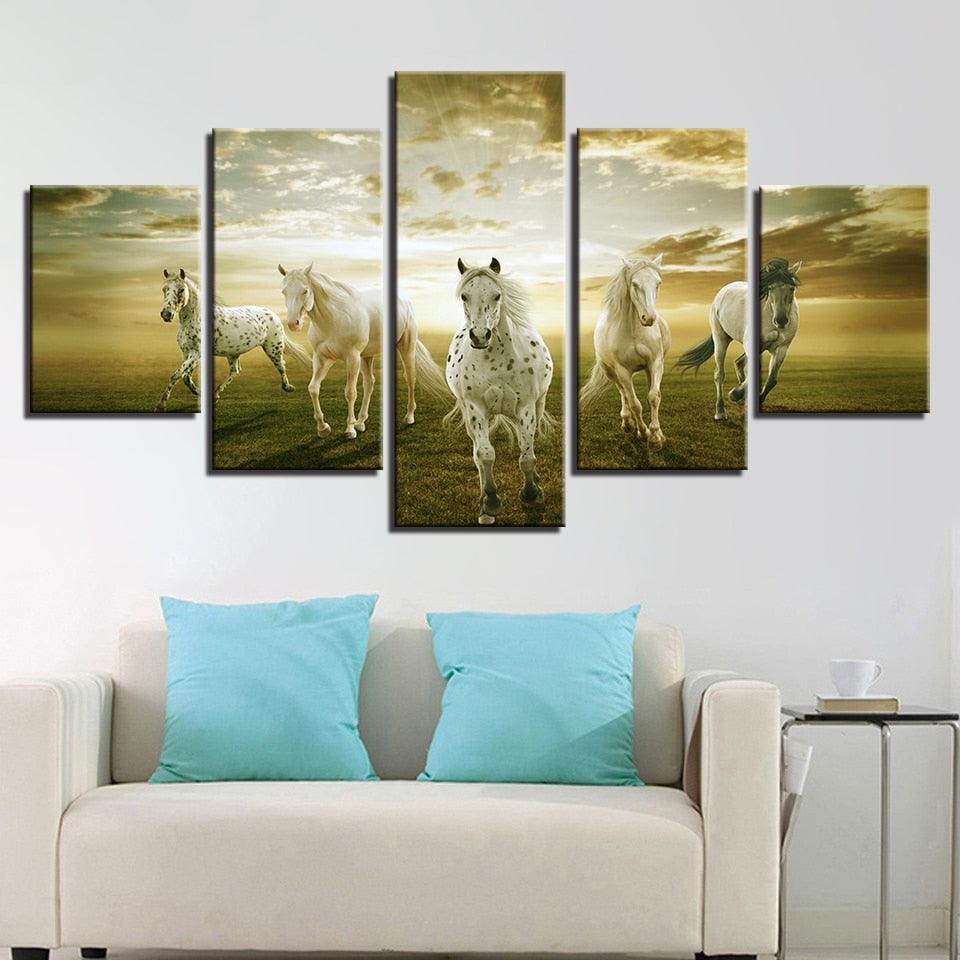 White Horses 5 Piece HD Multi Panel Canvas Wall Art Frame-Original Frame