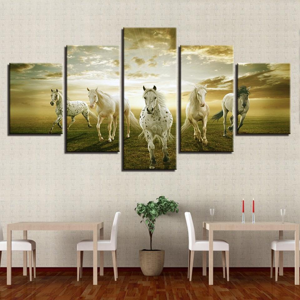 White Horses 5 Piece HD Multi Panel Canvas Wall Art Frame-Original Frame