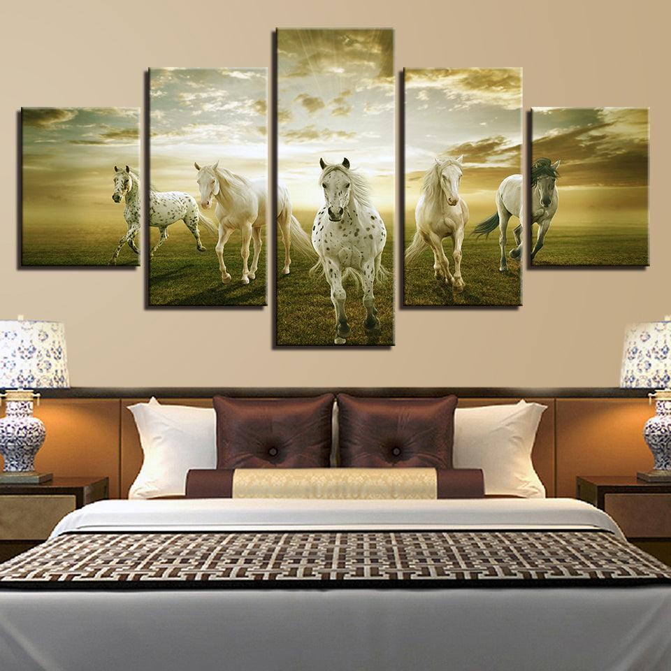 White Horses 5 Piece HD Multi Panel Canvas Wall Art Frame-Original Frame
