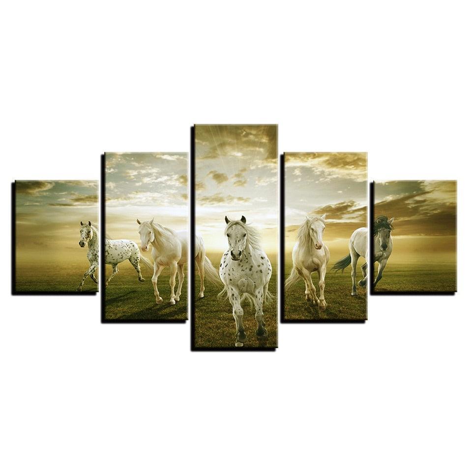 White Horses 5 Piece HD Multi Panel Canvas Wall Art Frame-Original Frame