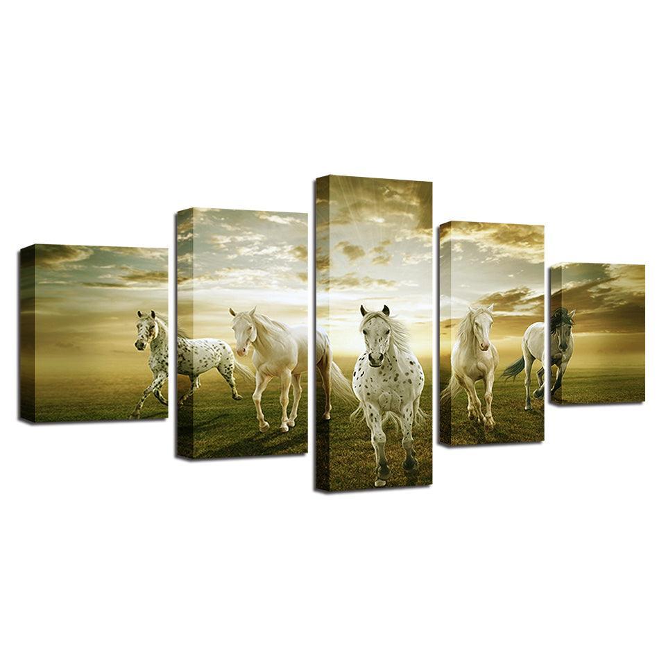 White Horses 5 Piece HD Multi Panel Canvas Wall Art Frame-Original Frame
