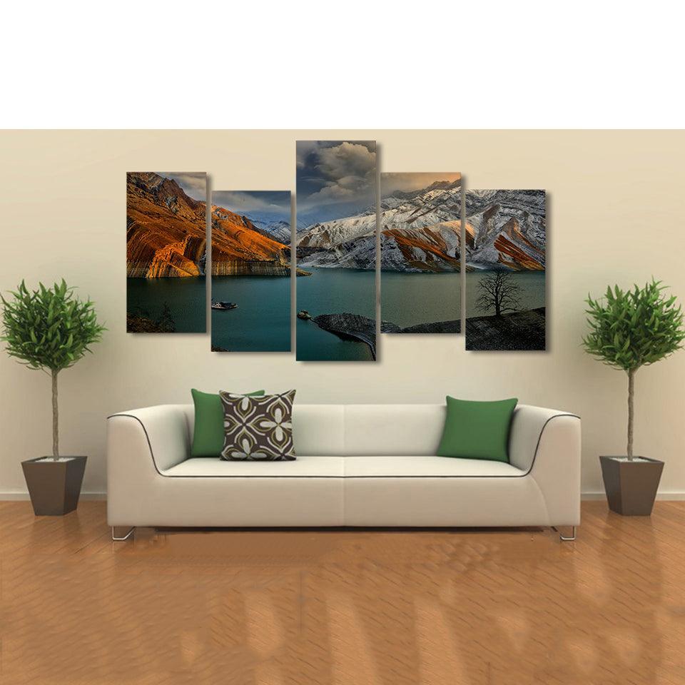 Cloudy Mountain Scene 5 Piece HD Multi Panel Canvas Wall Art Frame-Original Frame