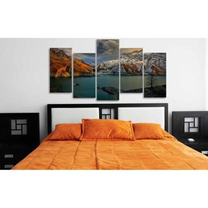 Cloudy Mountain Scene 5 Piece HD Multi Panel Canvas Wall Art Frame-Original Frame