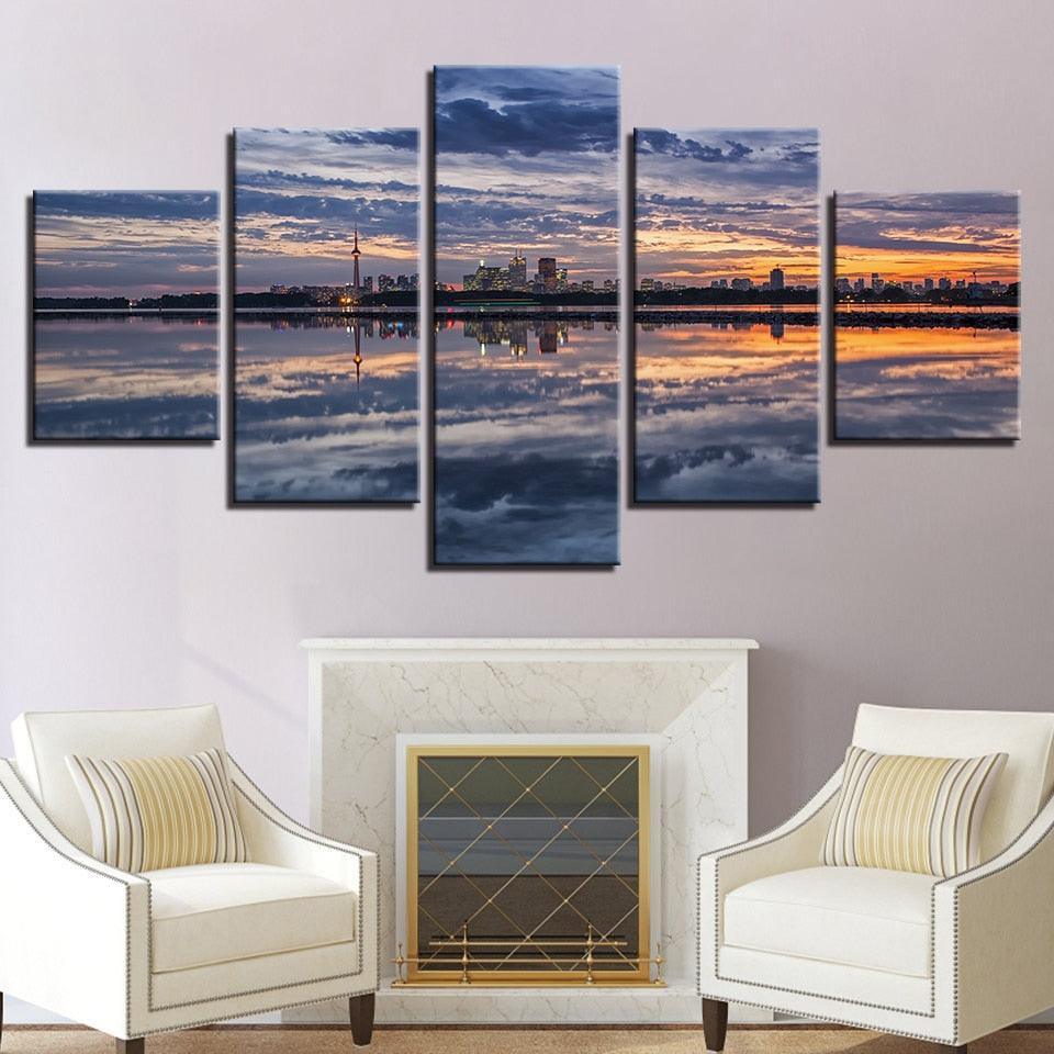 Sunset Glow Seaside 5 Piece HD Multi Panel Canvas Wall Art Frame-Original Frame