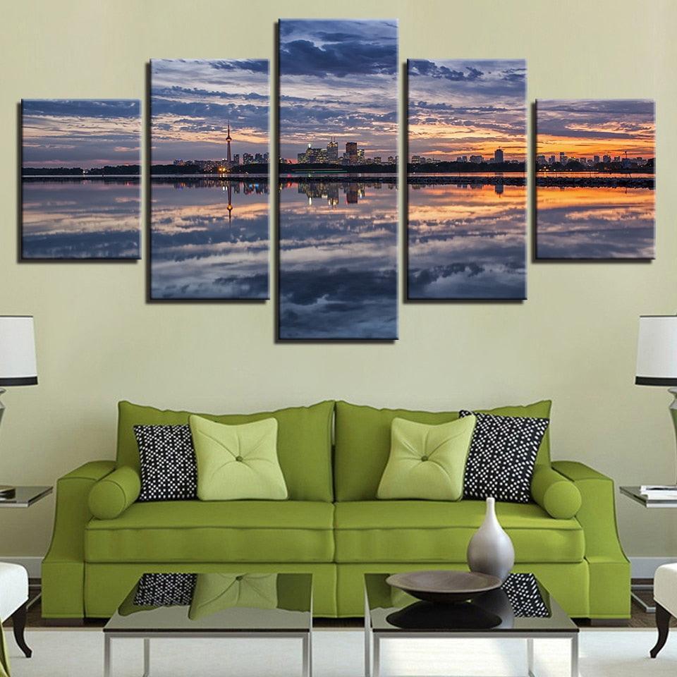 Sunset Glow Seaside 5 Piece HD Multi Panel Canvas Wall Art Frame-Original Frame