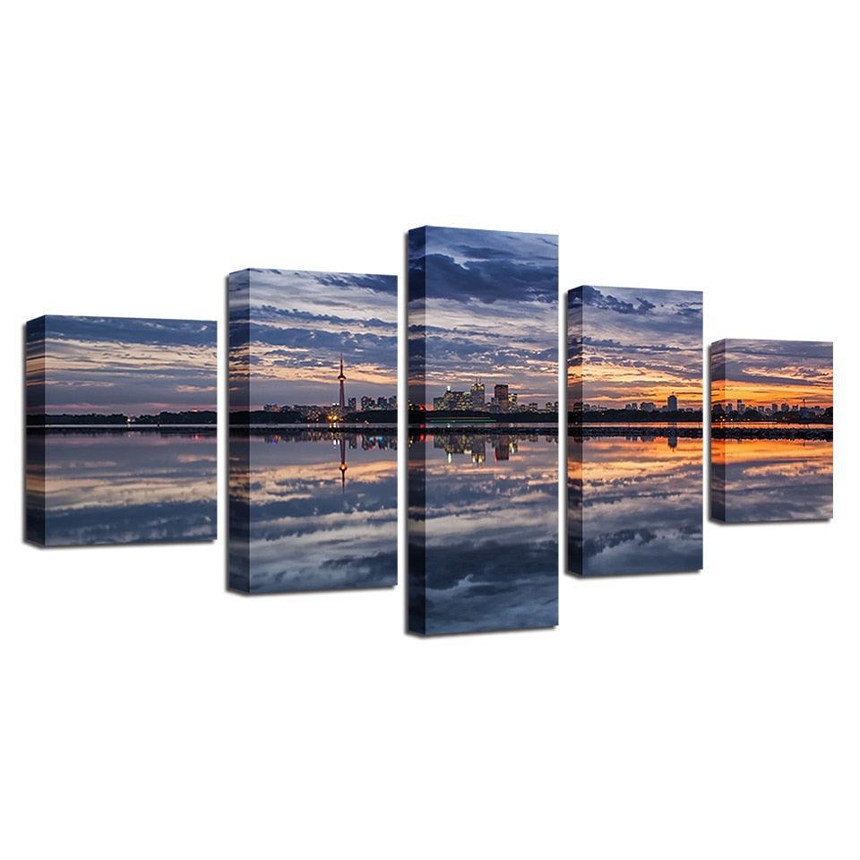 Sunset Glow Seaside 5 Piece HD Multi Panel Canvas Wall Art Frame-Original Frame