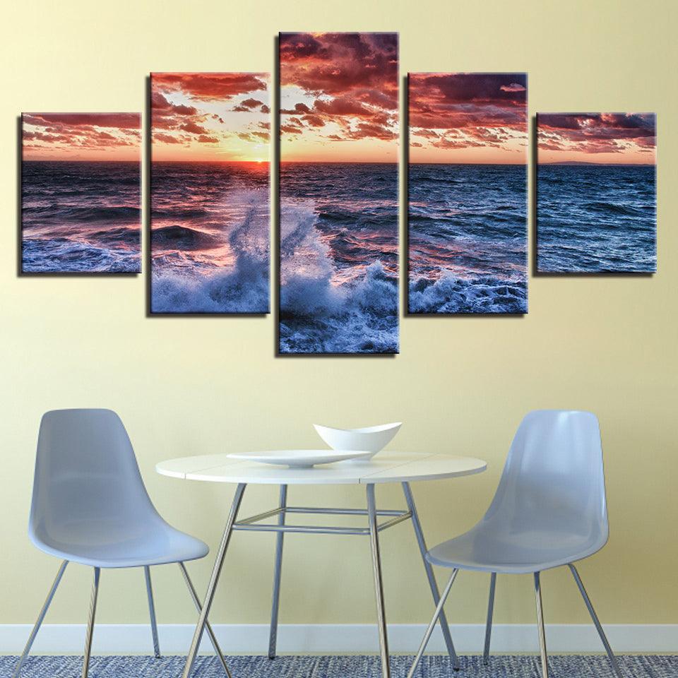 Ocean Waves 5 Piece Multi Panel Canvas Wall Art Frame-Original Frame